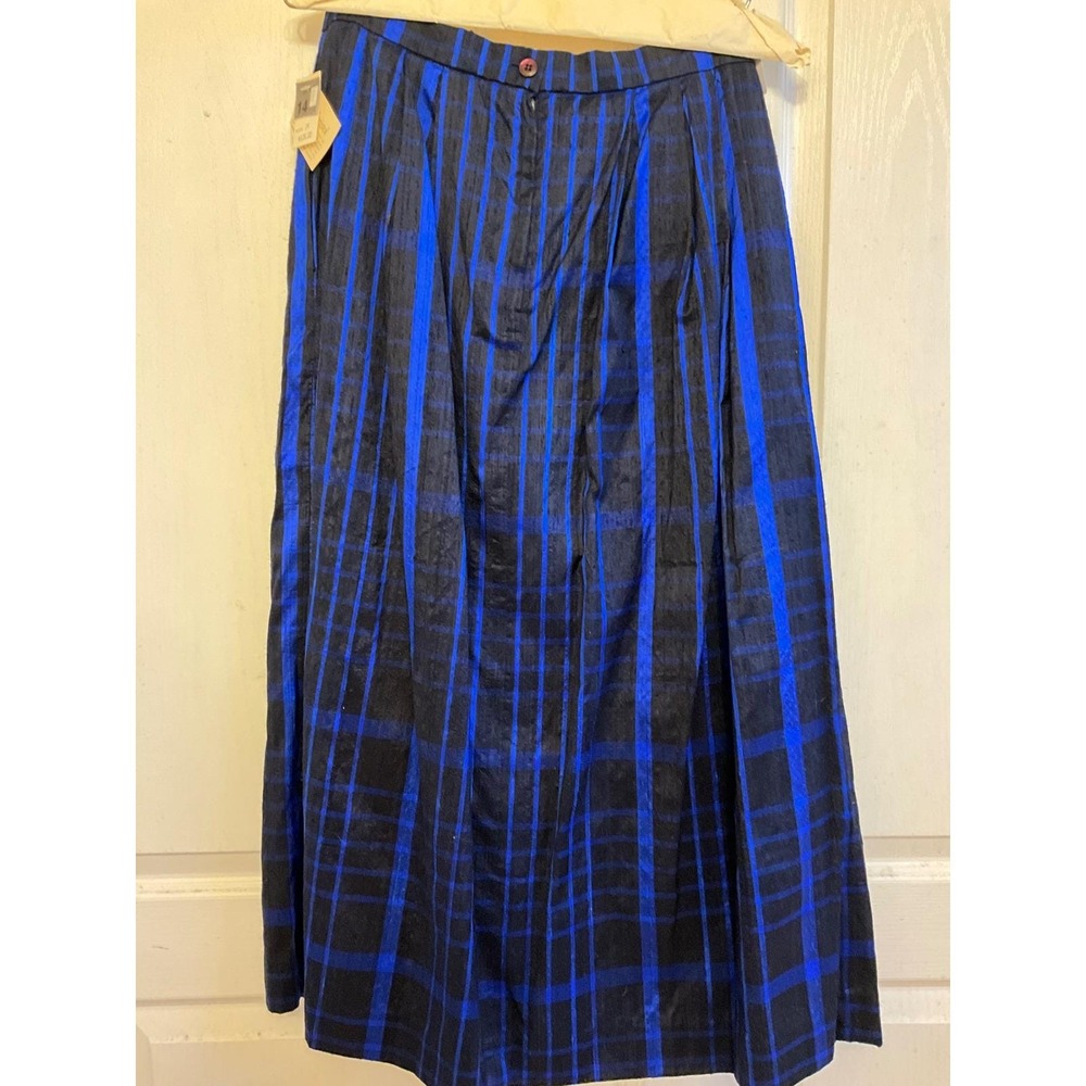 Susan Bristol 100% Silk Plaid Midi Skirt Blue Black Pleated Pockets Size 14 NWT